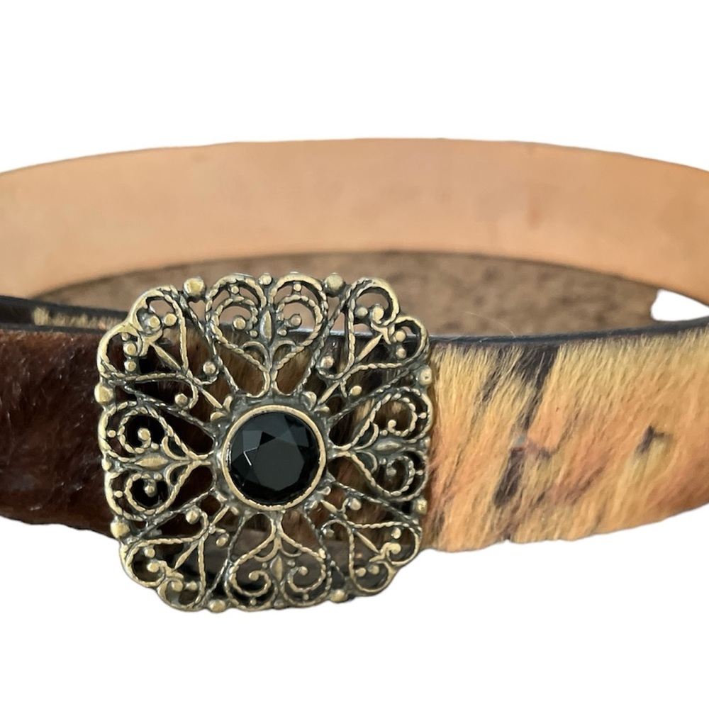 Verge cowhide Hair Leather Belt with Brass Filigree and stone Buckle.